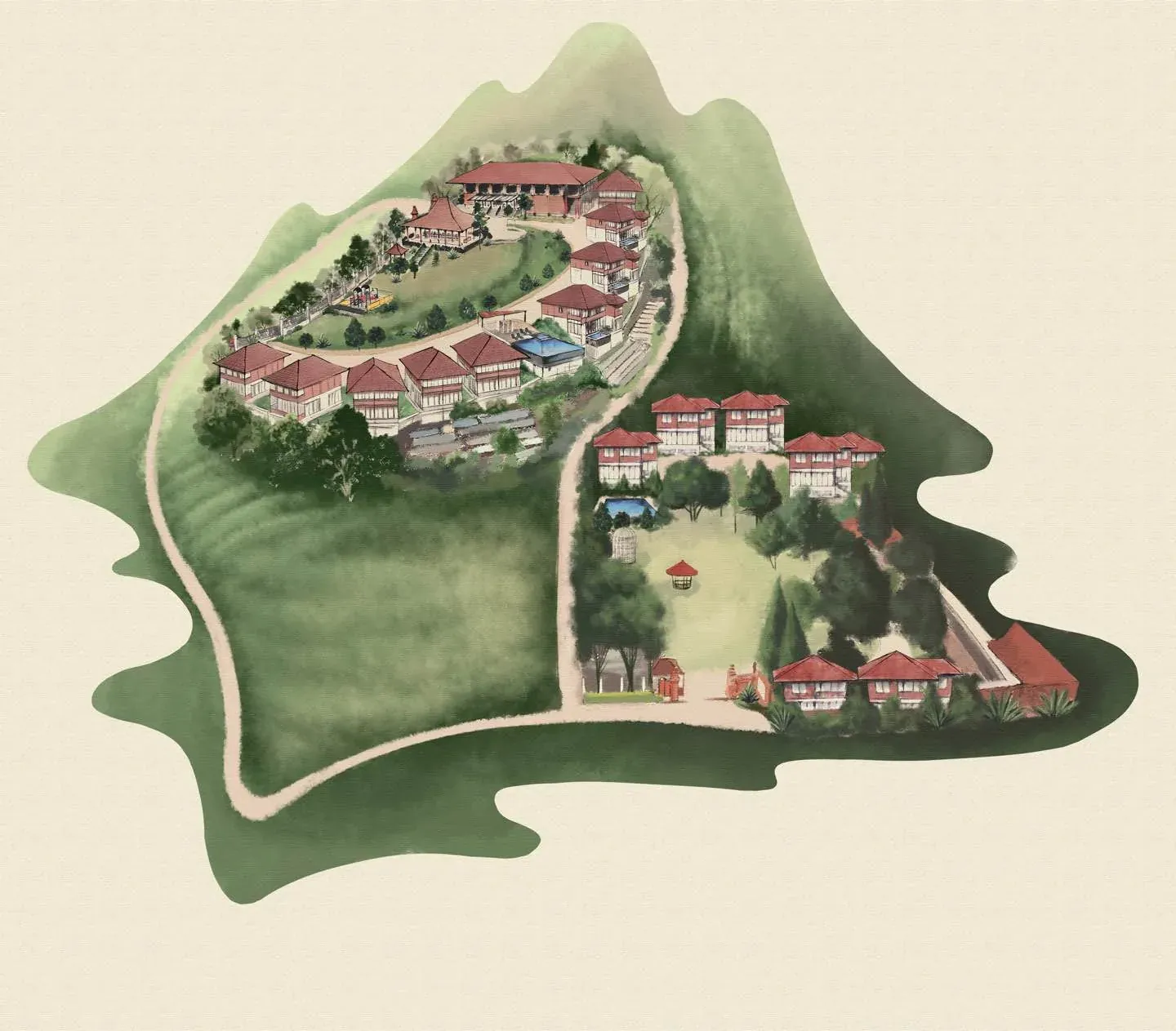 Illustrated map of Villa Top View: Top View 2 on the upper slope, Top View 1 below around the lawn
