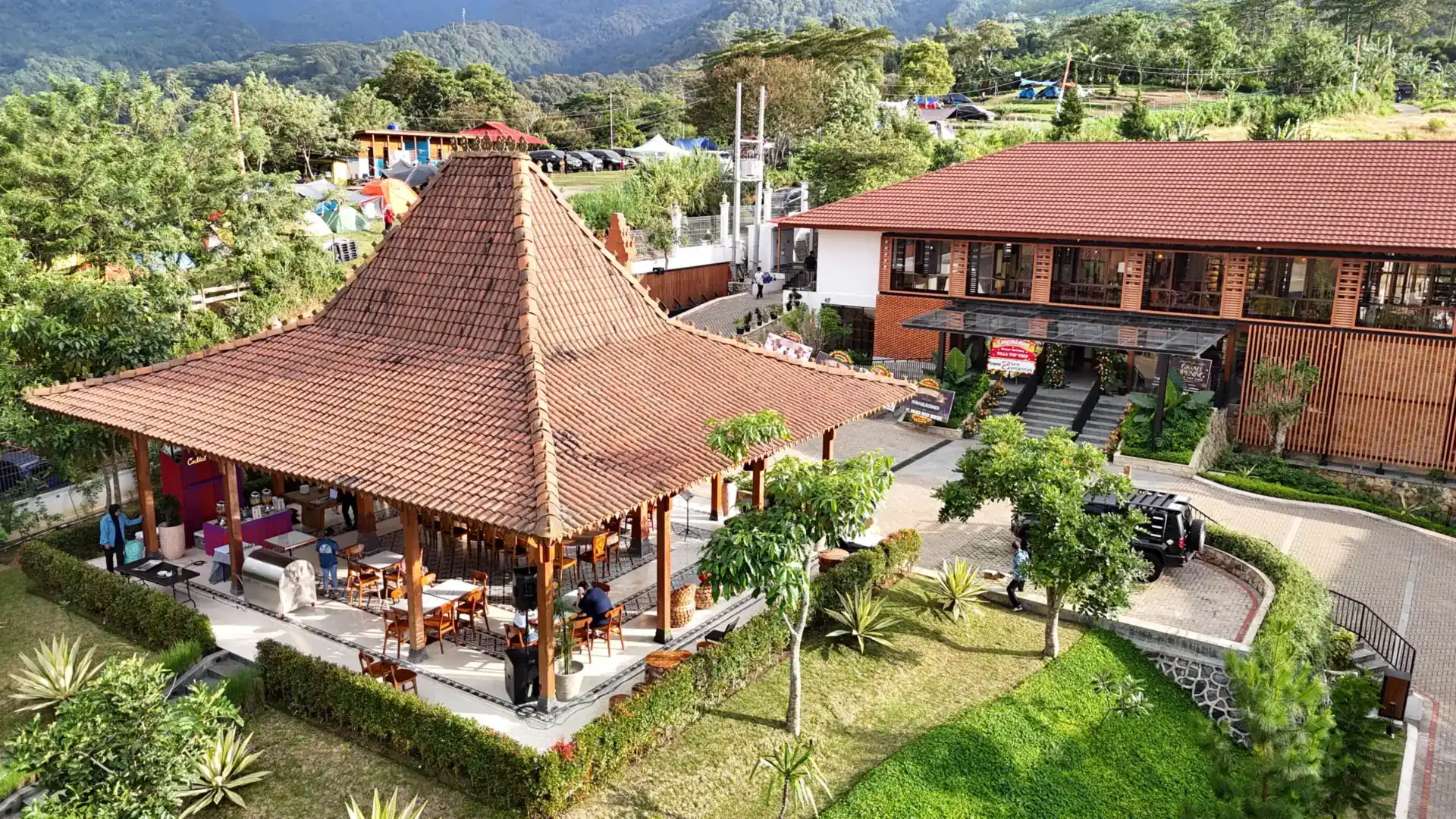Aerial view of the pavilion and villas among the trees